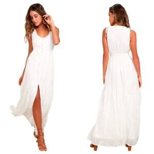 Lulus Dress Time Well Spent Maxi Embroidered Button Sleeveless White XL NEW